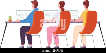 Programmers working at computer desk back view. Teamwork workplace isolated on white background Stock Vector