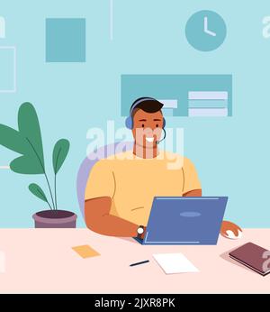 Remote workplace interior. Man working on laptop in headset isolated on white background Stock Vector