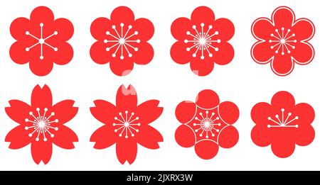 Set of plum blossom icons. Vector illustration isolated on white background Stock Vector