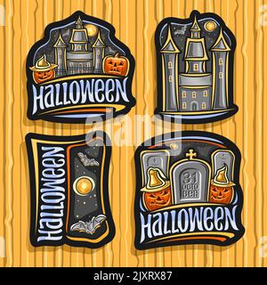 Vector Halloween Set, collection of different cut out compositions for happy halloween holiday, carved jack-o-lanterns in hats, flying bats on sky bac Stock Vector