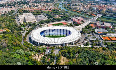 APRIL 15, 2022, Rome, Italy: Aerial drone view of The Stadio Olimpico is the home stadium of city football clubs playing in Serie A the Roma and Lazio Stock Photo