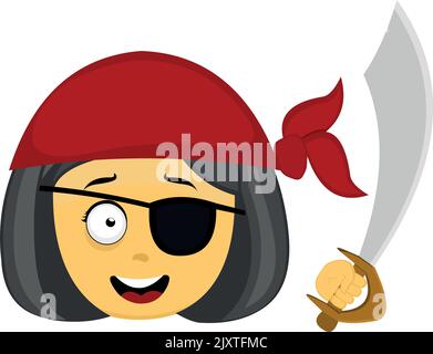 Vector emoji illustration of a yellow cartoon girl, with a bandana on her head, an eye patch and a pirate sword in her hand Stock Vector