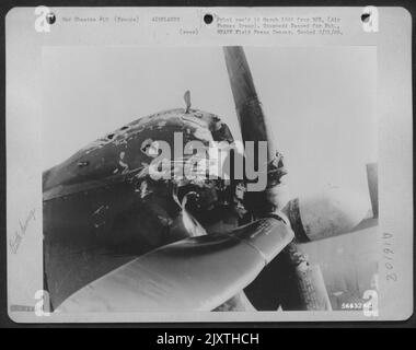 This 1st TAC Air force Martin -26 Marauder was not hit by enemy flak, but the medium bomber directly in front of it in formation sustained a direct hit which caused it to explode in mid air. Debris from the plane ahead caught in the slipstream and Stock Photo