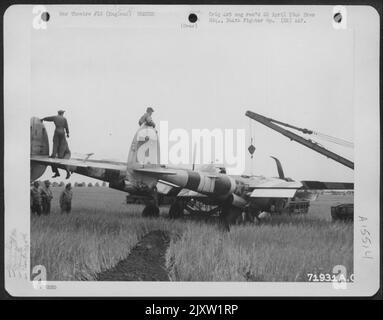 A Hoist Is Hooked To A Lockheed P-38 (A/C 42-68144) Of The 364Th Fighter Group, 67Th Fighter Wing, Which Made A Crash Landing At Its 8Th Air Force Station F-375, Honnington, England. 7 July 1944. Stock Photo