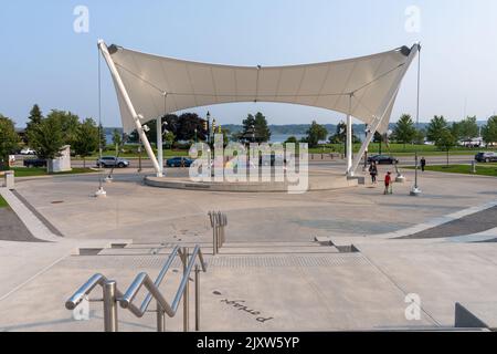 Barrie, Ontario, Canada - July 25 2021 : Wildfire Peacock Stage. Meridian Place, Memorial Square in downtown City of Barrie. Stock Photo