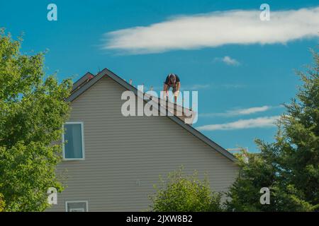 Roofer installs wooden roof slats to replace old shingles Stock Photo