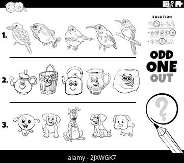 Black and white cartoon illustration of odd one out picture in a row educational activity for children with comic animal characters and objects colori Stock Vector