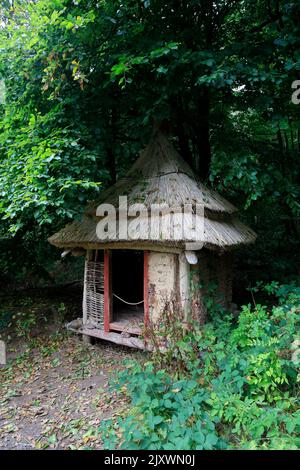 Small food store /grain store at Bryn Eryr Iron Age Roundhouses, St Fagans National History Museum. Summer 2022. August. Stock Photo