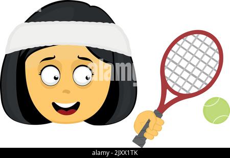 Vector illustration of yellow emoji cartoon woman with a headband, a racket and a tennis ball Stock Vector