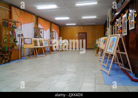 CHAPAEVSK, SAMARA REGION, RUSSIA - December 08, 2020: College in Chapaevsk city. Exhibition of paintings of students at the College of the city of Cha Stock Photo