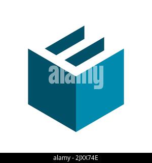 Letter E cube logo. 3D isometric block shape with long shadow effect. Blue box with white letter E on top. Electronic industry symbol. Vector Stock Vector