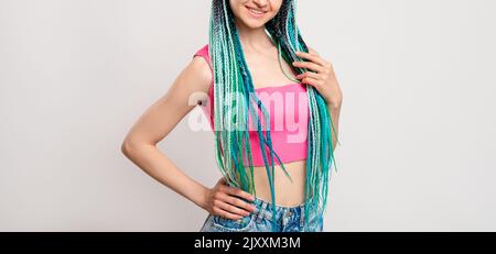 woman blue colored braids hairstyle dyed dreads Stock Photo