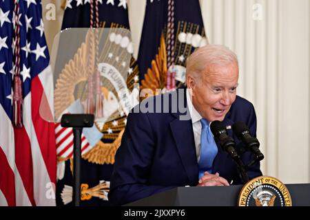 United States President Joe Biden speaks during a ceremony with former US President Barack Obama and former First Lady Michelle Obama for the unveiling of their official White House portraits in Washington, DC, US, on Wednesday, Sept. 7, 2022. The portraits of Barack Obama and Michelle Obama, acquired and commissioned by the White House Historical Association, were painted by Robert McCurdy and Sharon Sprung, respectively. Credit: Al Drago/Pool via CNP /MediaPunch Stock Photo