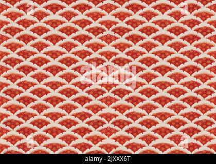 Traditional Japanese handwritten red Camellia japonica flowers called tsubaki enclosed in geometrical pattern depicting scales of brocaded carp koi or Stock Photo