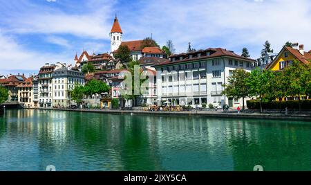 Beautiful towns and places of Switzerland - Thun town and lake Stock Photo
