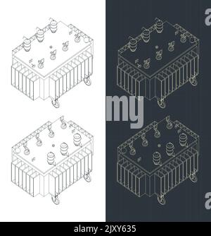 Stylized vector illustration of isometric blueprints of power transformer Stock Vector