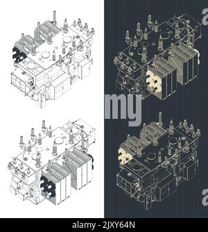 Stylized vector illustration of isometric blueprints of distribution transformer Stock Vector