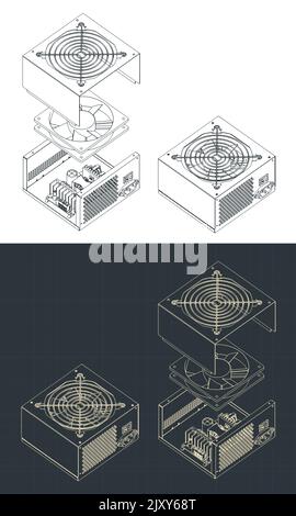 Stylized vector illustration of isometric blueprints of disassembled PSU Stock Vector