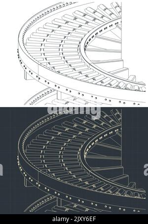 Stylized vector illustrations of isometric drawings of vertical spiral conveyor close up Stock Vector