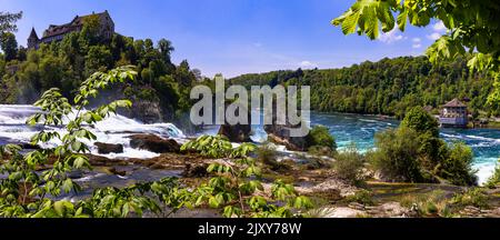 Rheinfall (Rhine Falls) aerial view - biggest waterfall in Europe in Schaffhausen ,Switzerland- German border Stock Photo