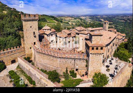 The medieval village of Vigoleno aerial view. fairy-tale castle and small charming village. Emilia Romagna, Italy travel and landmarks Stock Photo