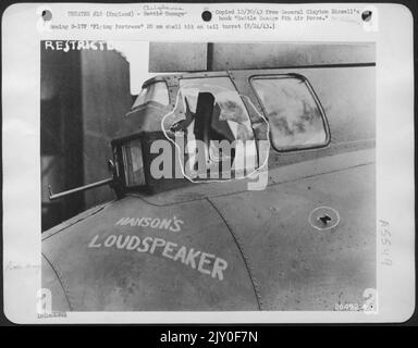 Boeing B-17F 'Flying ofrtress' 20 mm shell hit on tail turret Stock Photo