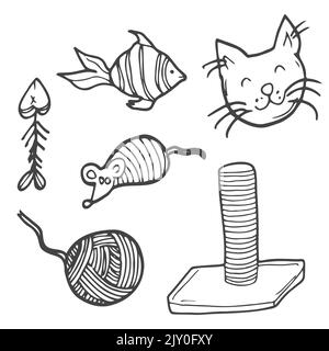 Doodle cat accesories for cats. Birthday of a pet, fish, cupcakes, muzzles, garlands with flags, postcard, balls, bows tangle mouse Stock Vector