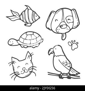 Different pets in various poses. Hand drawn big vector set of various dogs and cats. Colored trendy illustration. Flat design. All elements are isolat Stock Vector