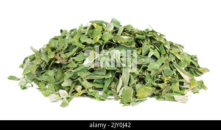 Dry chopped spring onion isolated on white background. Chopped dried green onion or scallion. Spices and herbs. Stock Photo