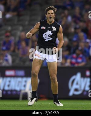 Levi Casboult of the Blues reacts after missing goal in the last quarter  during the Round 12 AFL match between the Carlton Blues and the GWS Giants  at Etihad Stadium in Melbourne, Sunday, June 11, 2017. (AAP Image/Julian  Smith Stock Photo - Alamy