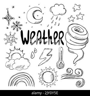 Collection of hand drawn vector doodles - weather icons. Clouds, sun, rain, stars and moon, termometre,snow, wind, tornado symbols. Stock Vector
