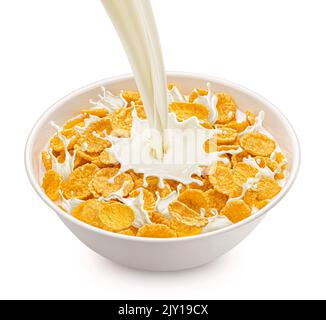 Corn flakes with milk splashes isolated on white background Stock Photo