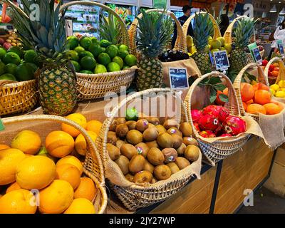 Fruits in baskets at a market Stock Photo