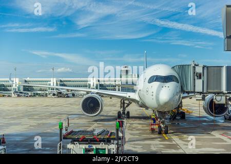MUNICH, GERMANY - SEPTEMBER 7: Lufthansa Airbus docked at a Gate at Munich Airport on September 7, 2022 in Munich, Germany Stock Photo