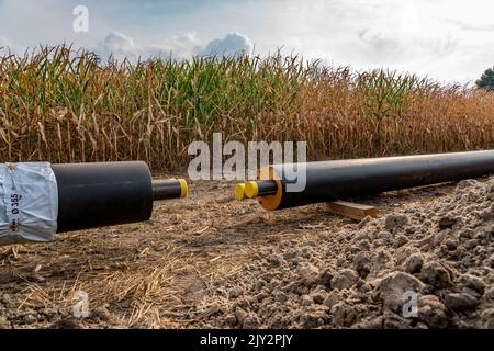 Laying of district heating pipes, next to a field, with maize, the district heating comes from a biogas plant and is piped directly to households in t Stock Photo