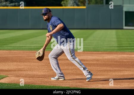 July 5, 2022: Milwaukee Brewers designated hitter Andrew McCutchen #24  congratulates Milwaukee Brewers first baseman Rowdy Tellez #11 after he  hits a two-run home run during MLB game between the Chicago Cubs