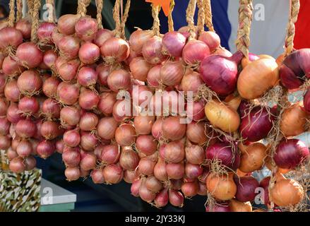 Violet onion hanging in a row for sale in the market Stock Photo