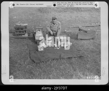 T/Sgt. Joseph Sinatra, Brooklyn, N.Y., With His First Aid Kit Carried In Air Ground Rescue Jeep. China. Stock Photo