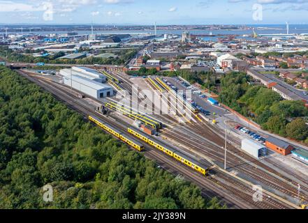 Stadlers New Class 777 lineup at Stadlers Merseyrail depot at Kirkdale Train Depot. 5th Sept 2022. Stock Photo