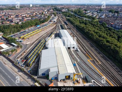 Stadlers New Class 777 lineup at Stadlers Merseyrail depot at Kirkdale Train Depot. 5th Sept 2022. Stock Photo