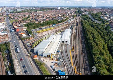 Stadlers New Class 777 lineup at Stadlers Merseyrail depot at Kirkdale Train Depot. 5th Sept 2022. Stock Photo