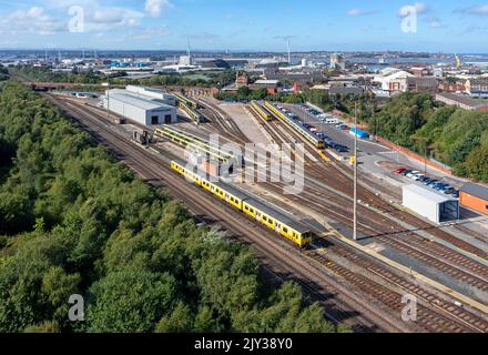 Stadlers New Class 777 lineup at Stadlers Merseyrail depot at Kirkdale Train Depot. 5th Sept 2022. Stock Photo