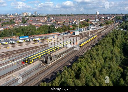 Stadlers New Class 777 lineup at Stadlers Merseyrail depot at Kirkdale Train Depot. 5th Sept 2022. Stock Photo