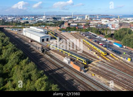 Stadlers New Class 777 lineup at Stadlers Merseyrail depot at Kirkdale Train Depot. 5th Sept 2022. Stock Photo