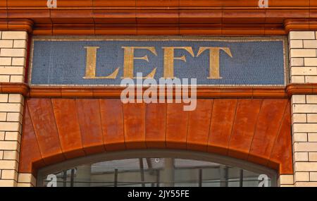 Victoria station Manchester, restaurant mosaic lettering, bookstall with mosaic decoration, Left Luggage Office Stock Photo