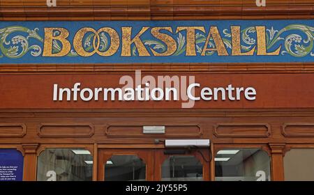 Victoria station Manchester, restaurant mosaic lettering, bookstall with mosaic decoration, Book Stall Stock Photo