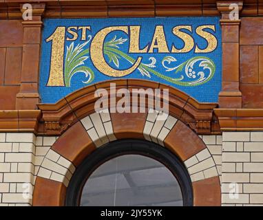 Victoria station Manchester, restaurant mosaic lettering, bookstall with mosaic decoration, first class Stock Photo