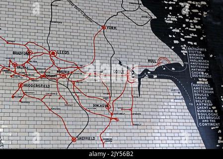 Old route map in tiles, Victoria Railway Station, Manchester, England, UK, M3 1WY - West Yorkshire,Bradford,Halifax,Huddersfield,Wakefield,Sheffield, Stock Photo