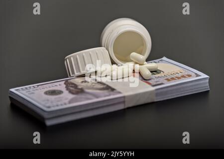 Medical business or prices concept. Making money in pharmaceutical industry or high medical expenses. Also drug dealing, dealer or trade. Stock Photo