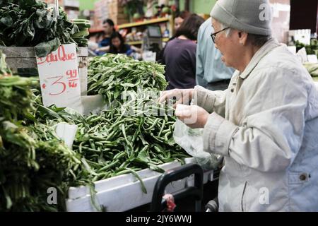 Elderly woman shops for green beans at a Vietnamese grocer in Cabramatta — Sydney, Australia Stock Photo
